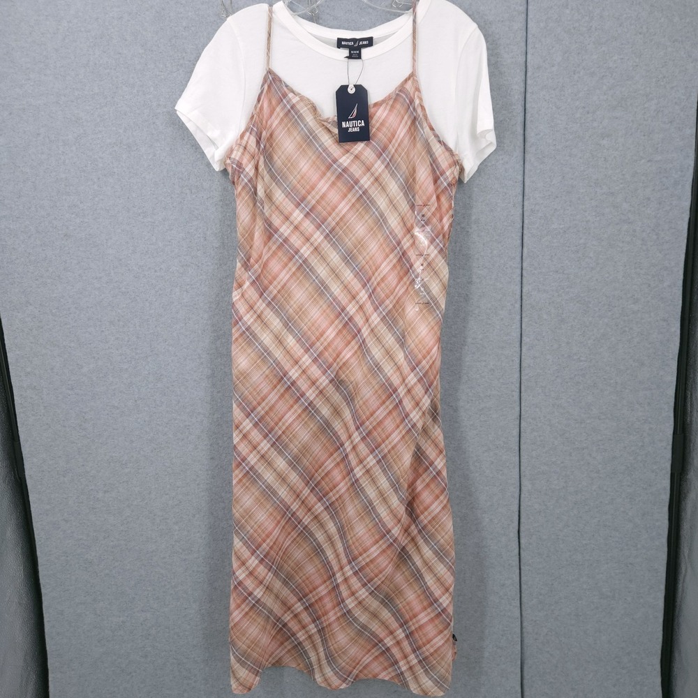 Nautica Jeans Midi Brown Plaid Layered Strap Midi Dress Womens Size M NWT